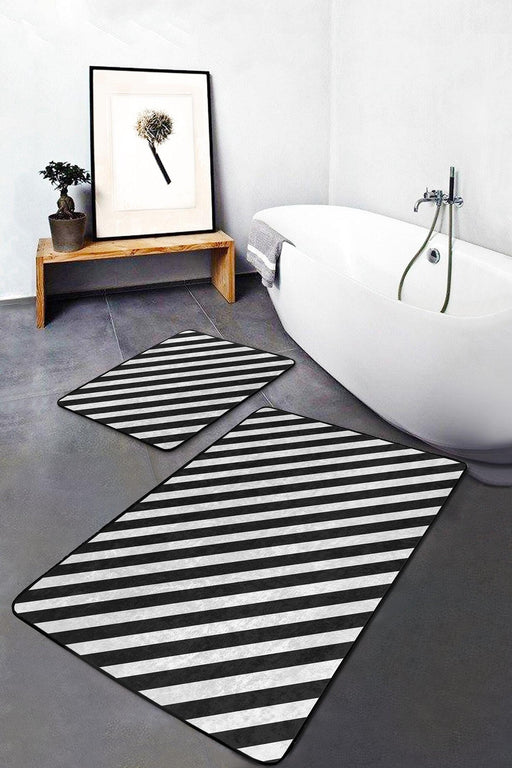 Siyah Beyaz Çapraz Çizgi Tasarımlı 2li Banyo Paspas ve Halısı Takımı Kaymaz Taban Yıkanabilir