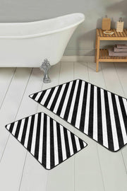Siyah Beyaz Çapraz Çizgi Tasarımlı 2li Banyo Paspas ve Halısı Takımı Kaymaz Taban Yıkanabilir