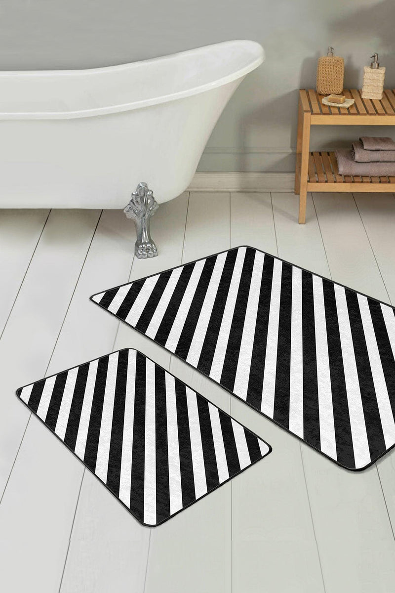 Siyah Beyaz Çapraz Çizgi Tasarımlı 2li Banyo Paspas ve Halısı Takımı Kaymaz Taban Yıkanabilir