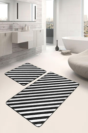 Siyah Beyaz Çapraz Çizgi Tasarımlı 2li Banyo Paspas ve Halısı Takımı Kaymaz Taban Yıkanabilir