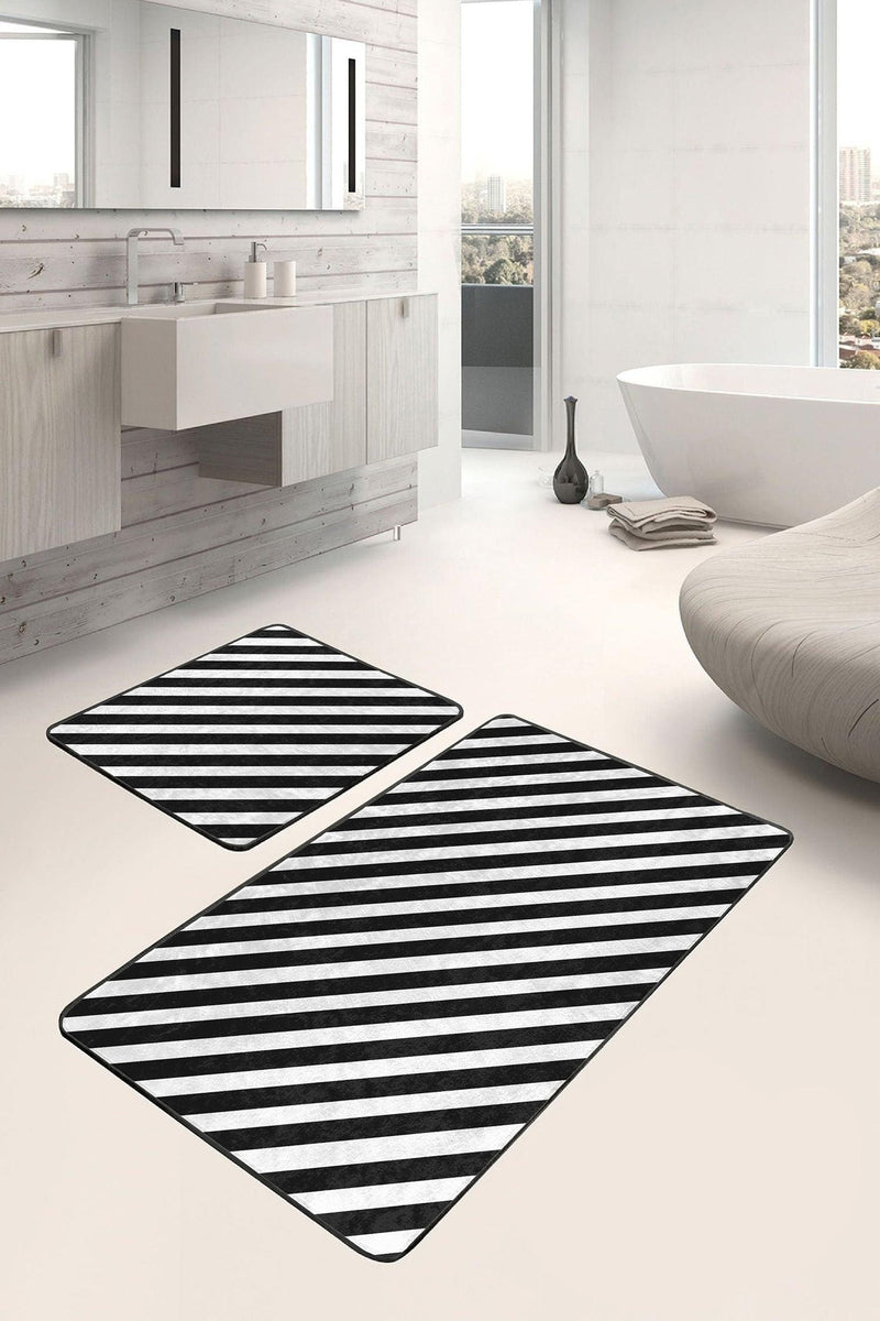 Siyah Beyaz Çapraz Çizgi Tasarımlı 2li Banyo Paspas ve Halısı Takımı Kaymaz Taban Yıkanabilir