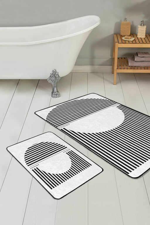 Siyah Beyaz Çizgili Desen 2li Banyo Halısı Takımı Kaymaz Taban Yıkanabilir Bonvagon