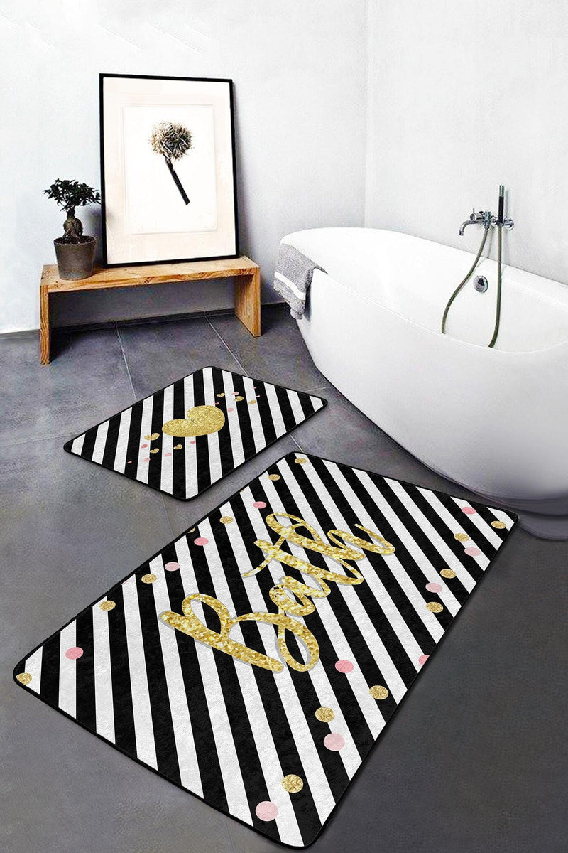 Siyah Beyaz Çizgili Gold Detaylı 2li Banyo Halısı Takımı Kaymaz Taban Yıkanabilir Bonvagon