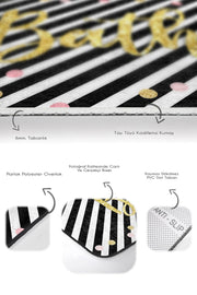 Siyah Beyaz Çizgili Gold Detaylı 2li Banyo Halısı Takımı Kaymaz Taban Yıkanabilir Bonvagon