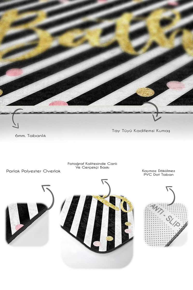 Siyah Beyaz Çizgili Gold Detaylı 2li Banyo Halısı Takımı Kaymaz Taban Yıkanabilir Bonvagon