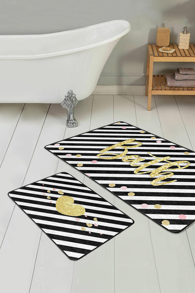 Siyah Beyaz Çizgili Gold Detaylı 2li Banyo Paspas ve Halısı Takımı Kaymaz Taban Yıkanabilir
