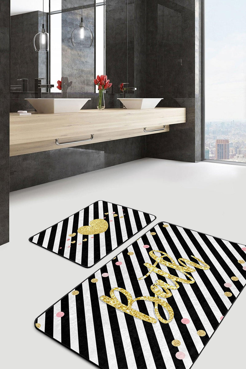 Siyah Beyaz Çizgili Gold Detaylı 2li Banyo Paspas ve Halısı Takımı Kaymaz Taban Yıkanabilir