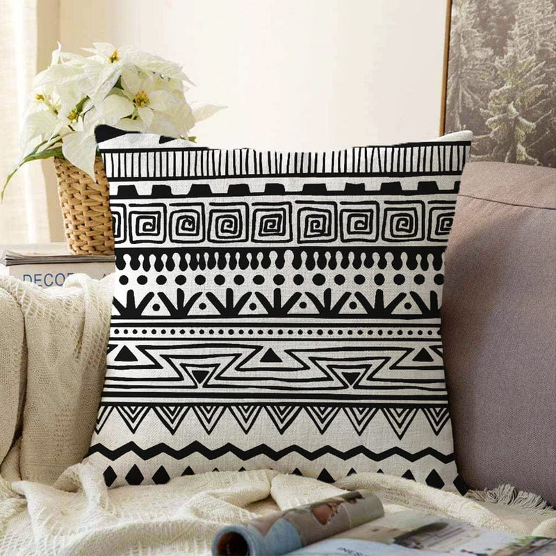 Siyah Beyaz Dekoratif African Motifli Modern Raşel Kadife Yastık Kırlent Kılıfı Bonvagon