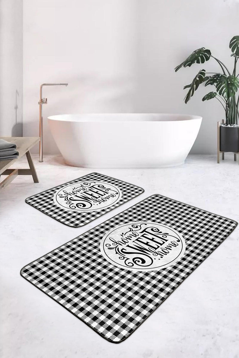 Siyah Beyaz Ekose Home Sweet Temalı 2li Banyo Halısı Takımı Kaymaz Taban Yıkanabilir Bonvagon