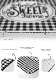 Siyah Beyaz Ekose Home Sweet Temalı 2li Banyo Halısı Takımı Kaymaz Taban Yıkanabilir Bonvagon