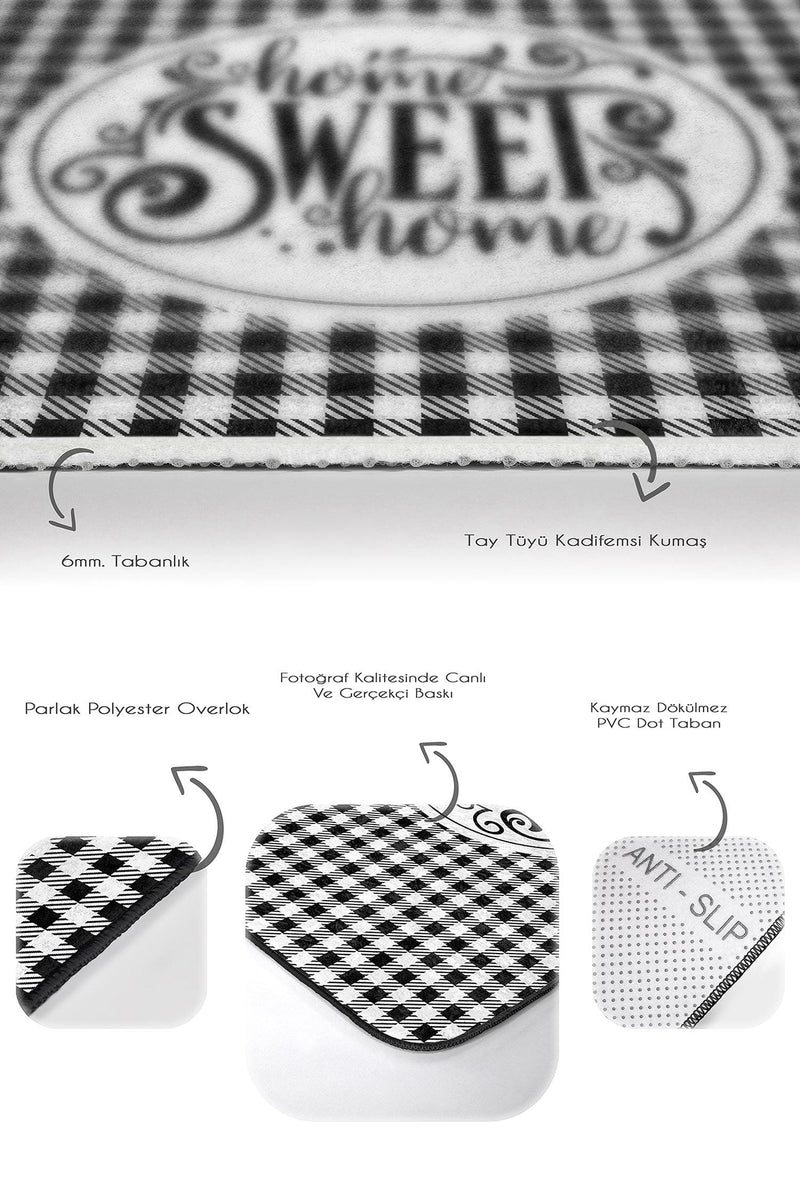 Siyah Beyaz Ekose Home Sweet Temalı 2li Banyo Halısı Takımı Kaymaz Taban Yıkanabilir Bonvagon