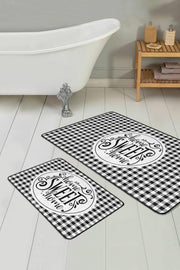 Siyah Beyaz Ekose Home Sweet Temalı 2li Banyo Paspas ve Halısı Takımı Kaymaz Taban Yıkanabilir