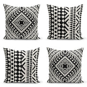 Siyah Beyaz Etnik Geometrik Çizimli Dijital Baskılı Modern 4lü Kırlent Kılıfı Seti Bonvagon