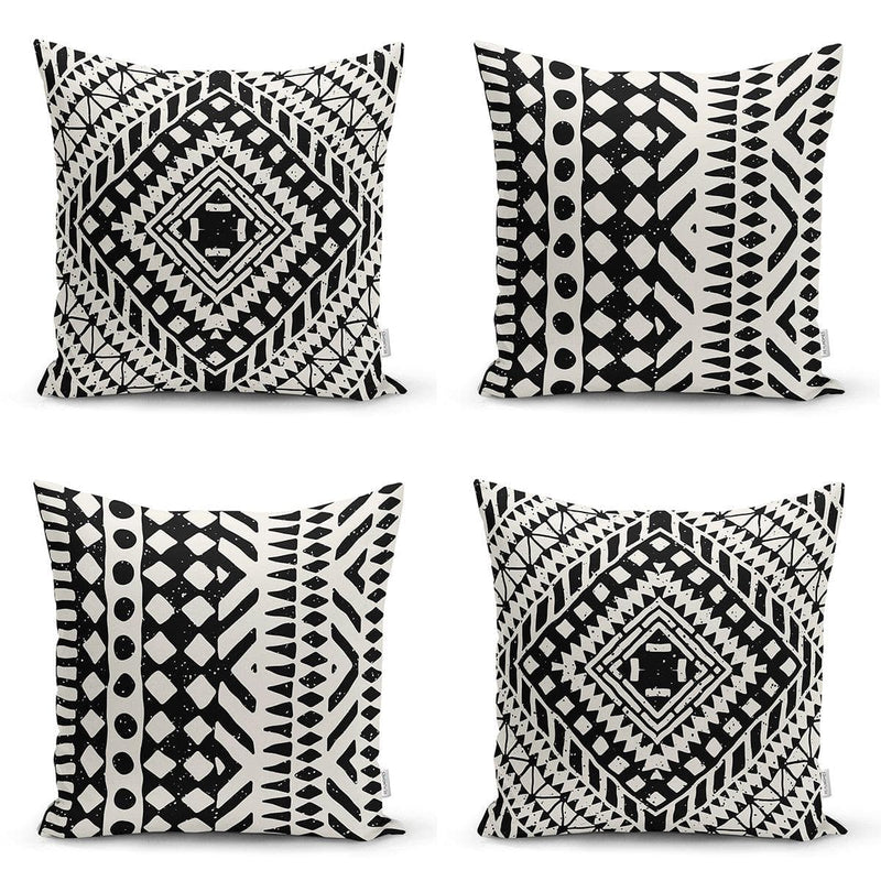 Siyah Beyaz Etnik Geometrik Çizimli Dijital Baskılı Modern 4lü Kırlent Kılıfı Seti Bonvagon