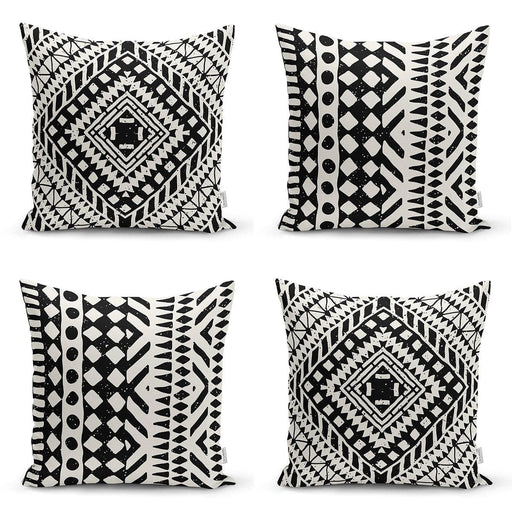 Siyah Beyaz Etnik Geometrik Çizimli Dijital Baskılı Modern 4lü Kırlent Kılıfı Seti Bonvagon