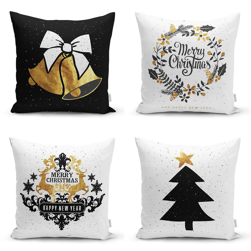 Siyah Beyaz Gold Detaylı Mery Christmas Temalı Dijital Baskılı Modern 4lü Kırlent Kılıfı Seti