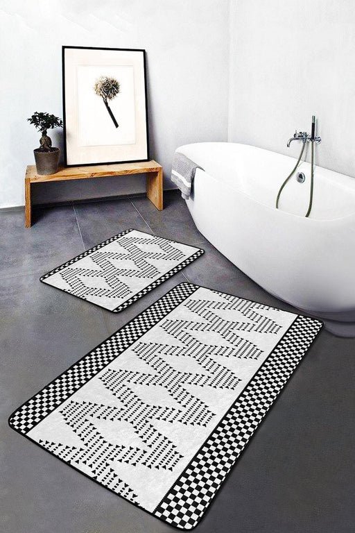 Siyah Beyaz İskandinav Motifli 2li Banyo Halısı Takımı Kaymaz Taban Yıkanabilir Bonvagon