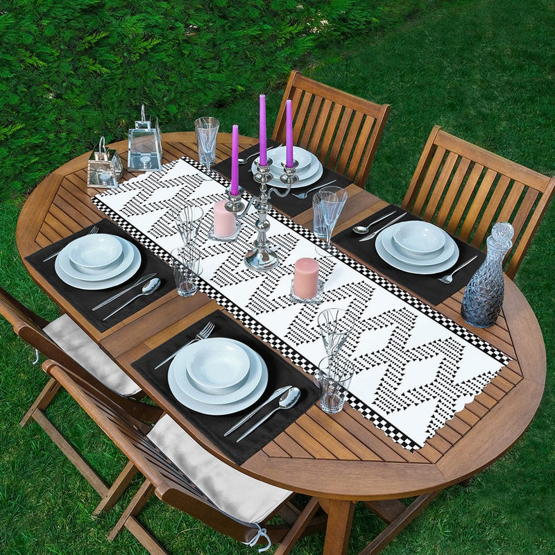 Siyah Beyaz İskandinav Motifli Dijital Baskılı 1 Adet Runner & 4 Adet Yeşil Renkli Amerikan Servis Bonvagon