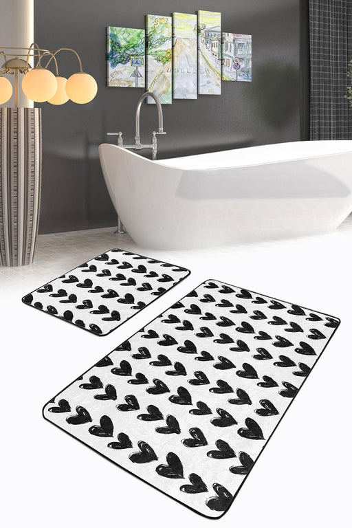 Siyah Beyaz Kalp Motifli 2li Banyo Halısı Takımı Kaymaz Taban Yıkanabilir Bonvagon