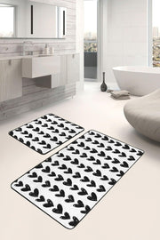 Siyah Beyaz Kalp Motifli 2li Banyo Halısı Takımı Kaymaz Taban Yıkanabilir Bonvagon