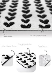 Siyah Beyaz Kalp Motifli 2li Banyo Halısı Takımı Kaymaz Taban Yıkanabilir Bonvagon