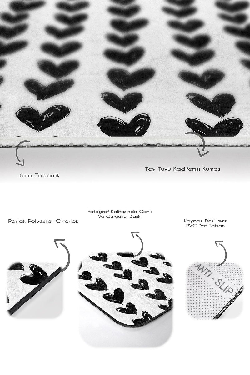 Siyah Beyaz Kalp Motifli 2li Banyo Halısı Takımı Kaymaz Taban Yıkanabilir Bonvagon