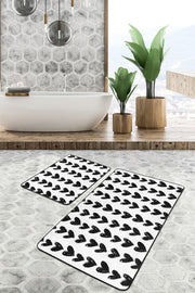 Siyah Beyaz Kalp Motifli 2li Banyo Paspas ve Halısı Takımı Kaymaz Taban Yıkanabilir