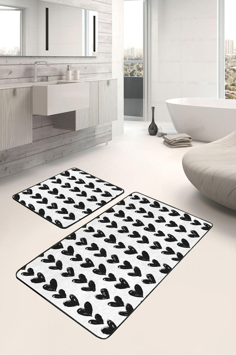 Siyah Beyaz Kalp Motifli 2li Banyo Paspas ve Halısı Takımı Kaymaz Taban Yıkanabilir