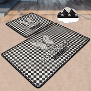 Siyah Beyaz Kareli Kelebek Dijital Baskılı 2li Set Banyo Paspas ve Halısı, Kaymaz Taban, Yıkanabilir Bonvagon