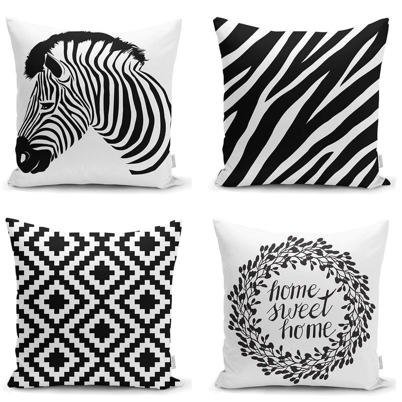 Siyah Beyaz Konsept 4lü Yastık Kırlent Kılıf Seti Bonvagon