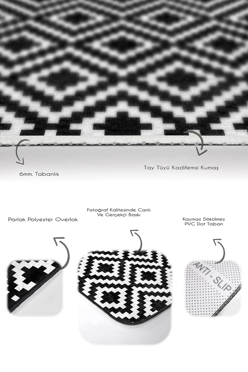 Siyah Beyaz Mozaik Desenli Dijital Baskılı 2li Banyo Halısı Takımı Kaymaz Taban Yıkanabilir Bonvagon
