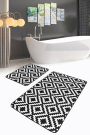 Siyah Beyaz Mozaik Desenli Dijital Baskılı 2li Banyo Paspas ve Halısı Takımı Kaymaz Taban Yıkanabilir