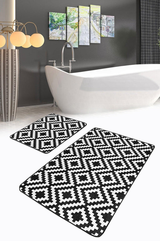 Siyah Beyaz Mozaik Desenli Dijital Baskılı 2li Banyo Paspas ve Halısı Takımı Kaymaz Taban Yıkanabilir