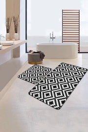 Siyah Beyaz Mozaik Desenli Dijital Baskılı 2li Banyo Paspas ve Halısı Takımı Kaymaz Taban Yıkanabilir