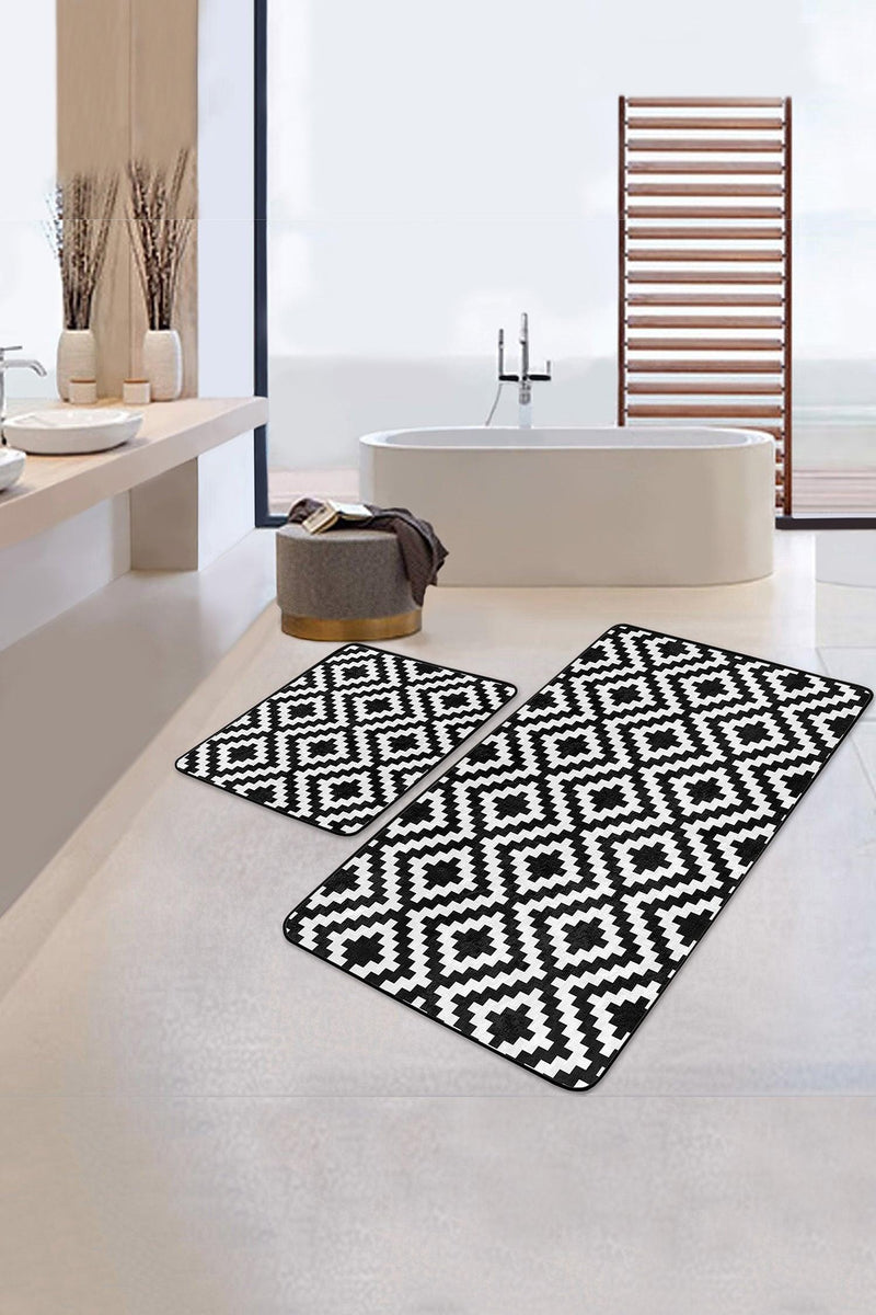 Siyah Beyaz Mozaik Desenli Dijital Baskılı 2li Banyo Paspas ve Halısı Takımı Kaymaz Taban Yıkanabilir
