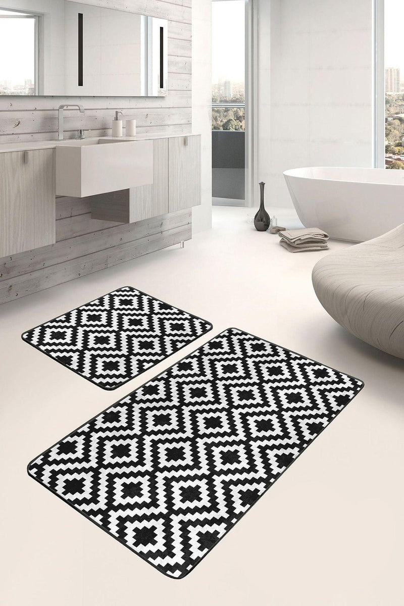 Siyah Beyaz Mozaik Desenli Dijital Baskılı 2li Banyo Paspas ve Halısı Takımı Kaymaz Taban Yıkanabilir