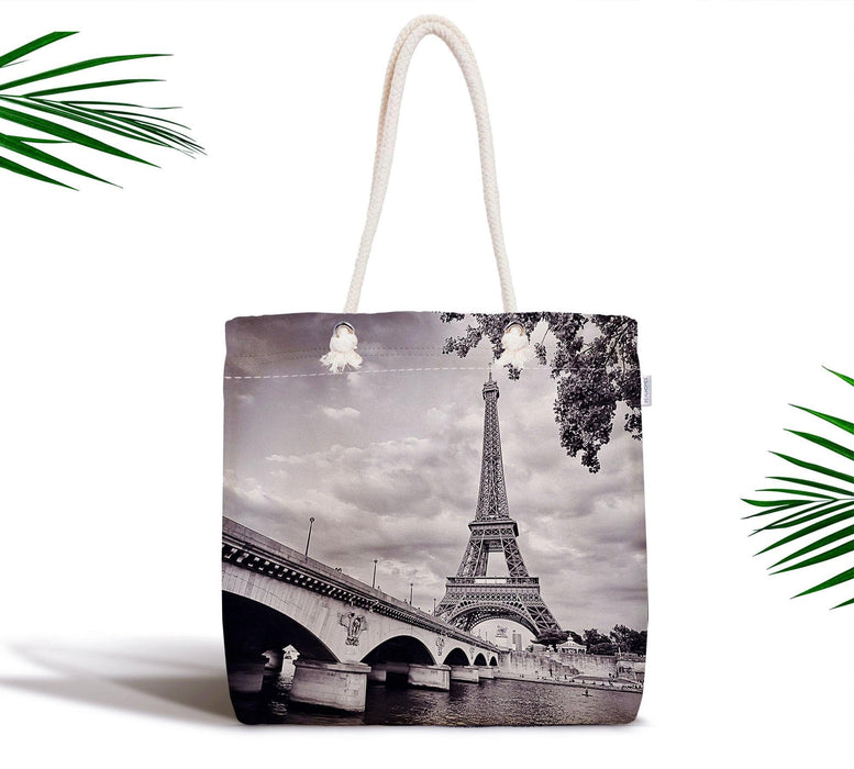 Siyah Beyaz Paris Tasarımlı Dijital Baskılı Fermuarlı Bez Çanta Bonvagon