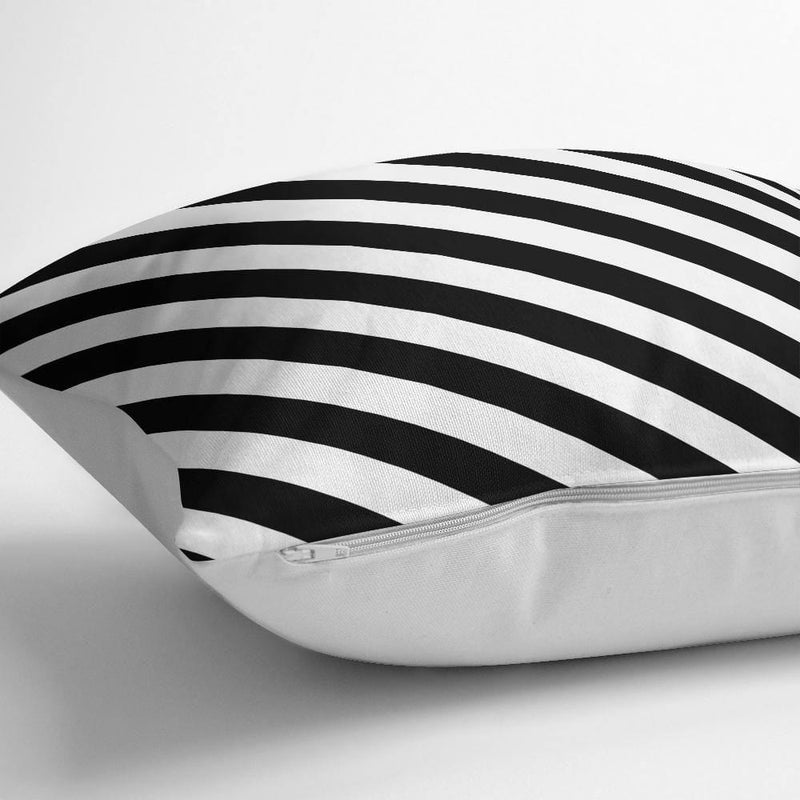 Siyah Beyaz Şeritli Dijital Baskılı Yastık Kırlent Kılıfı 43x43cm Bonvagon