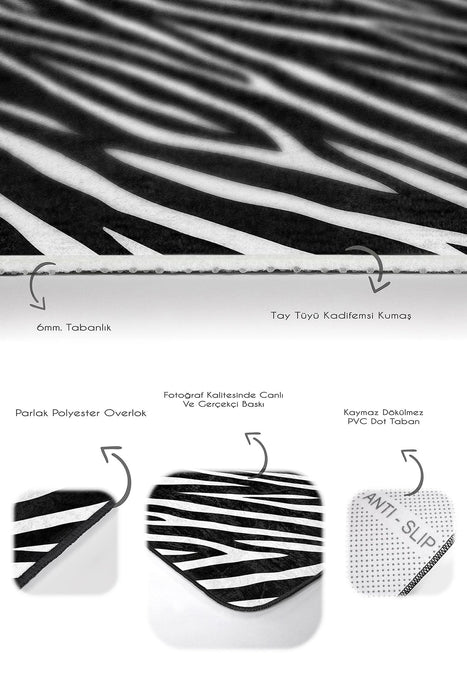 Siyah Beyaz Zebra Desen Motifli 2li Banyo Halısı Takımı Kaymaz Taban Yıkanabilir Bonvagon