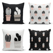 Siyah Beyaz Zemin Kaktüs Çizimli Dijital Baskılı Modern 4lü Kırlent Kılıfı Seti Bonvagon