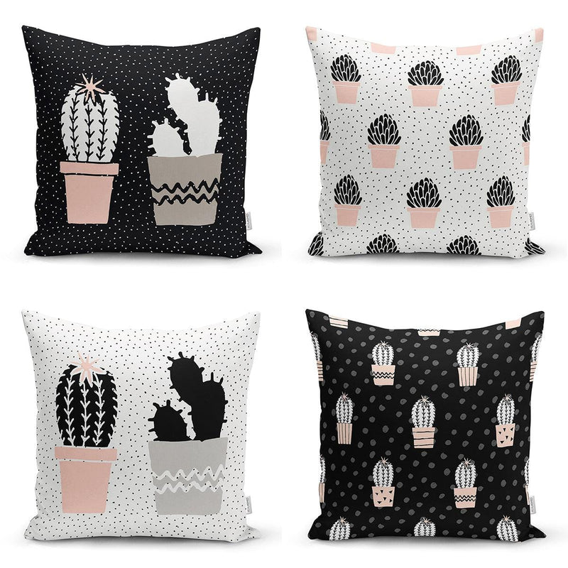 Siyah Beyaz Zemin Kaktüs Çizimli Dijital Baskılı Modern 4lü Kırlent Kılıfı Seti Bonvagon