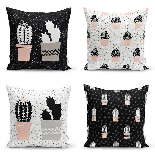 Siyah Beyaz Zemin Kaktüs Çizimli Dijital Baskılı Modern 4lü Kırlent Kılıfı Seti Bonvagon