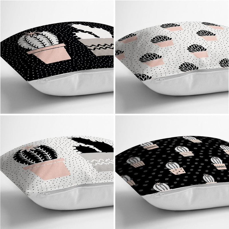 Siyah Beyaz Zemin Kaktüs Çizimli Dijital Baskılı Modern 4lü Kırlent Kılıfı Seti Bonvagon