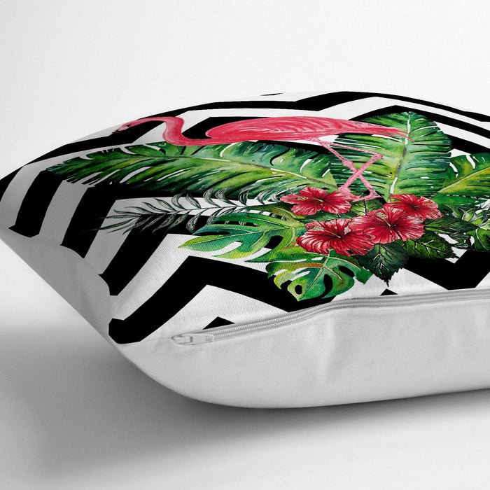 Siyah Beyaz Zigzag ve Flamingo Tasarımlı 3D Dekoratif 70x70cm Dolgulu Yer Minderi Bonvagon