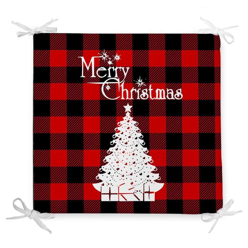 Siyah Kırmızı Ekose Desenli Yılbaşı Temalı Dekoratif Fermuarlı Sandalye Minderi Bonvagon