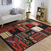 Siyah - Kırmızı Patchwork Motifli Etnik Desenli Dijital Baskılı Makinede Yıkanabilir Kaymaz Taban Saçaklı Halı