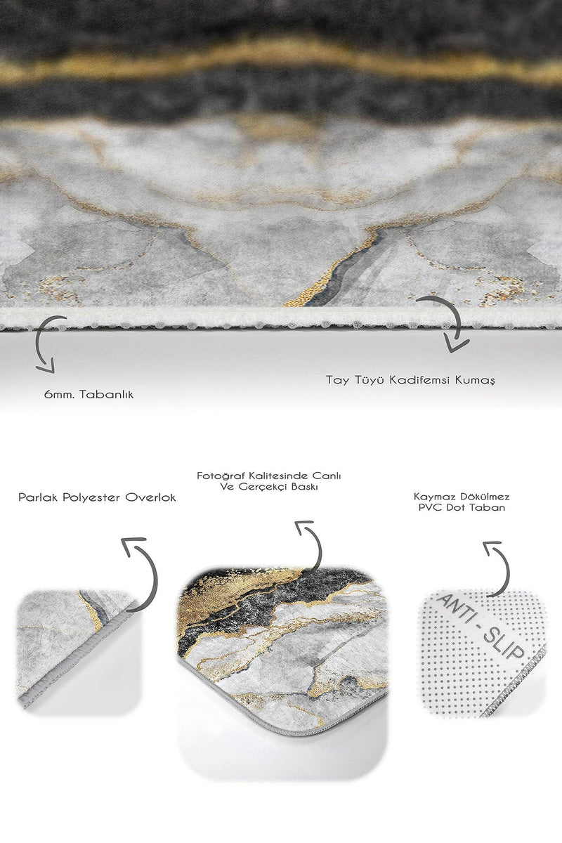 Siyah Mermer Özel Tasarım Dijital Baskılı 2li Banyo Halısı Takımı Kaymaz Taban Yıkanabilir Bonvagon