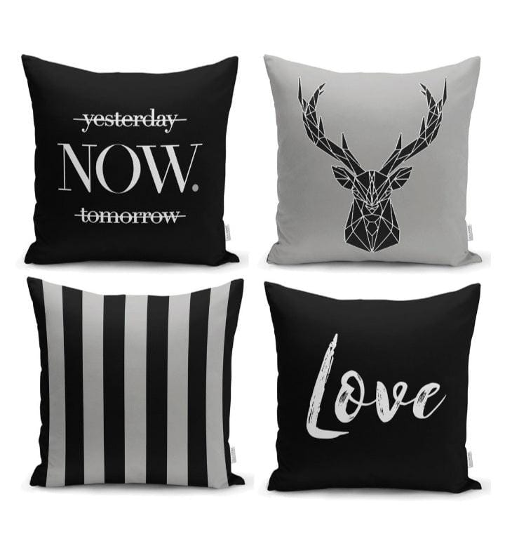 Siyah ve Gri Zeminde Geyik ve Yazılı Özel Tasarım Kırlent 4lü Kırlent Kılıfı Seti Bonvagon