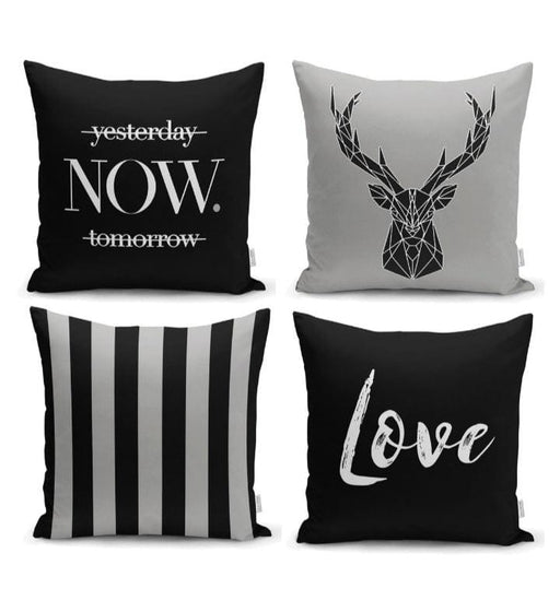 Siyah ve Gri Zeminde Geyik ve Yazılı Özel Tasarım Kırlent 4lü Kırlent Kılıfı Seti Bonvagon