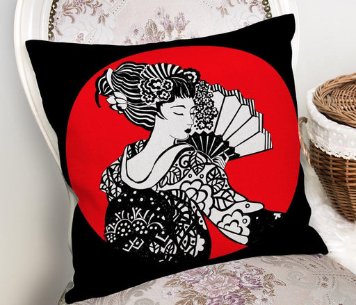 Siyah ve Kırmızı Zeminde Gri Japon Kız Motifli Yastık Kılıfı 43x43cm